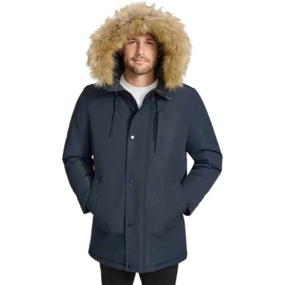 Calvin Klein Men's Heavy Long Parka Faux Fur Removable Hood Navy NWT Small $350